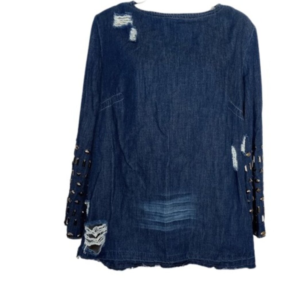 Angel + Premium Womens Distressed Denim Top Studded Flare Sleeve M